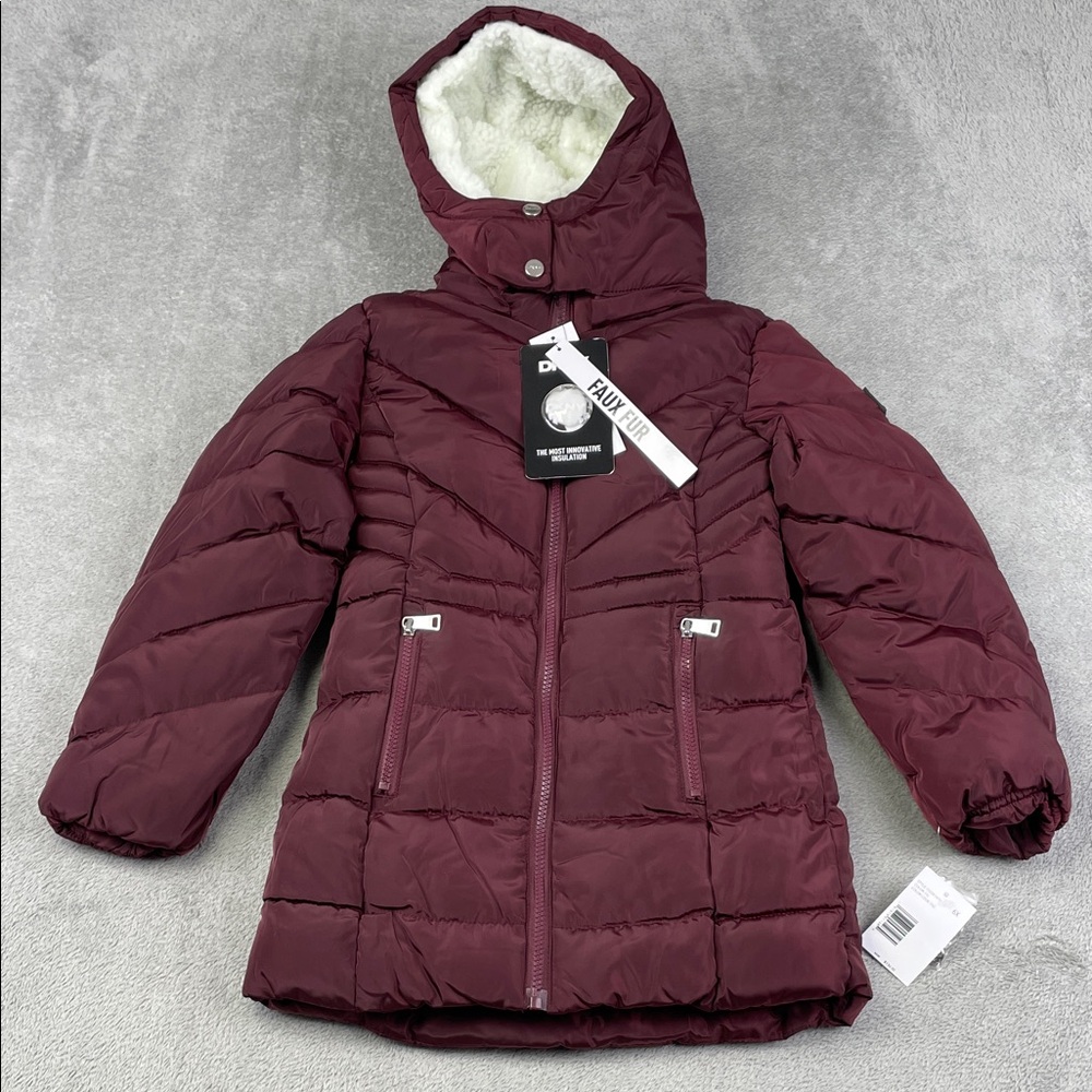 NEW DKNY 6X Kids Burgundy‎ Hooded Long Parka Jacket